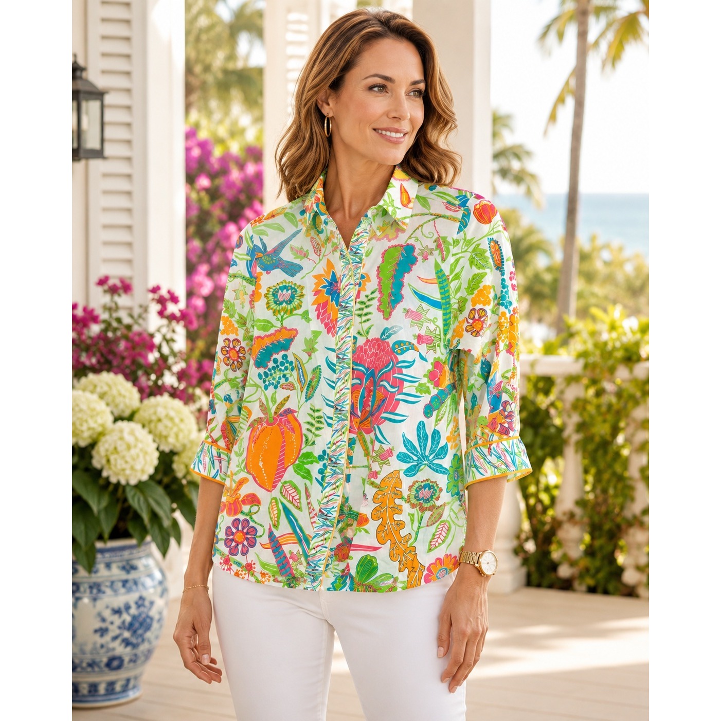 Gretchen Scott Boyfriend Shirt Womens Size S Tropical Floral Hummingbird Cotton